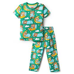 Babyhug Cotton Knit Half Sleeves Co-Ord Night Suit with Bear Print - Green