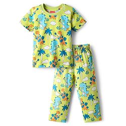 Babyhug Cotton Knit Half Sleeves Co-ords Night Suit with Dino Print - Light Green
