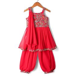 Babyhug Woven Sleeveless Embroidered Kurti & Patiala Set With Dupatta - Red