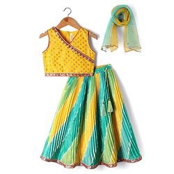 Babyhug Woven Sleeveless Leheriya Design Foil Printed Lehenga & Choli Set With Dupatta - Yellow