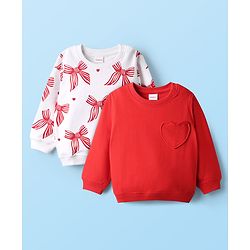 Babyhug Cotton Knit Full Sleeves Sweatshirts With Bow Print & Heart Applique - Red & White