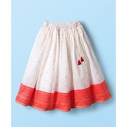 Babyhug Woven Half Puffed  Sleeves  Pattu Pavada Lehenga Choli Set with Neck Embroidery - Red & Beige