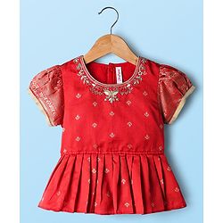 Babyhug Woven Half Puffed  Sleeves  Pattu Pavada Lehenga Choli Set with Neck Embroidery - Red & Beige