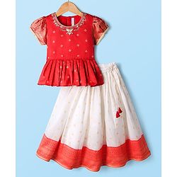 Babyhug Woven Half Puffed  Sleeves  Pattu Pavada Lehenga Choli Set with Neck Embroidery - Red & Beige
