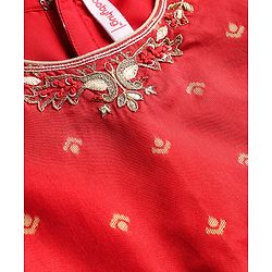 Babyhug Woven Half Puffed  Sleeves  Pattu Pavada Lehenga Choli Set with Neck Embroidery - Red & Beige