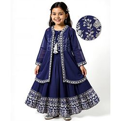 Babyhug Georgette Woven Three Fourth Sleeves Lehenga & Choli With Jacket Set Lace & Embroidery Detailing - Navy Blue
