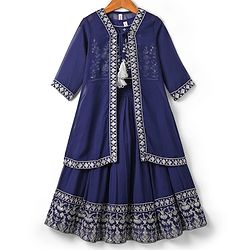Babyhug Georgette Woven Three Fourth Sleeves Lehenga & Choli With Jacket Set Lace & Embroidery Detailing - Navy Blue