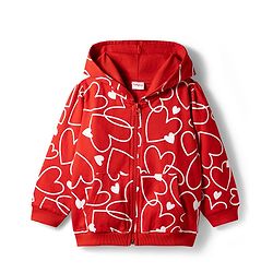 Babyhug Cotton Knit Full Sleeves Hooded Sweatjacket With Heart Print & Kangaroo Pockets - Red