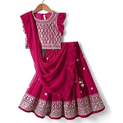 Babyhug Georgette Woven Frill Sleeves Lehenga Choli and Dupatta Set with Embroidery - Maroon