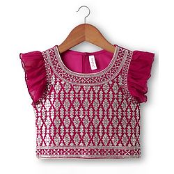 Babyhug Georgette Woven Frill Sleeves Lehenga Choli and Dupatta Set with Embroidery - Maroon