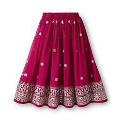Babyhug Georgette Woven Frill Sleeves Lehenga Choli and Dupatta Set with Embroidery - Maroon
