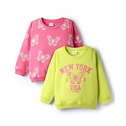 Babyhug Cotton Knit Full Sleeves Butterfly Printed Sweatshirts Pack of 2 - Light Green & Dark Pink