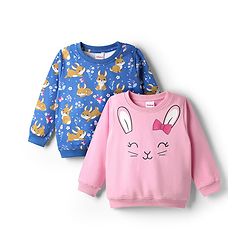 Babyhug Cotton Knit Full Sleeves Sweatshirts With Bunny Graphics Pack of 2 - Pink & Blue