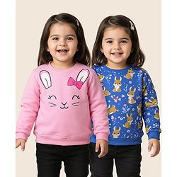 Babyhug Cotton Knit Full Sleeves Sweatshirts With Bunny Graphics Pack of 2 - Pink & Blue