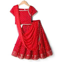 Babyhug Woven Half Sleeves Tierred Lehenga Choli & Dupatta Set with Foil Print & Lace Detailing - Red