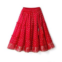 Babyhug Woven Half Sleeves Tierred Lehenga Choli & Dupatta Set with Foil Print & Lace Detailing - Red