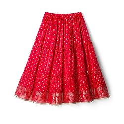 Babyhug Woven Half Sleeves Tierred Lehenga Choli & Dupatta Set with Foil Print & Lace Detailing - Red