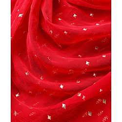 Babyhug Woven Half Sleeves Tierred Lehenga Choli & Dupatta Set with Foil Print & Lace Detailing - Red