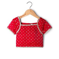 Babyhug Woven Half Sleeves Tierred Lehenga Choli & Dupatta Set with Foil Print & Lace Detailing - Red