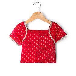 Babyhug Woven Half Sleeves Tierred Lehenga Choli & Dupatta Set with Foil Print & Lace Detailing - Red