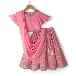 Babyhug Woven Flutter Sleeves Choli Lehenga & Dupatta Set With Sequin Detailing - Pink
