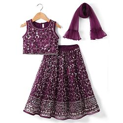 Babyhug Woven Sleeveless Lehenga Choli and Dupatta Set with Sequin Embroidery - Wine