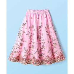 Babyhug Woven Choli Lehenga Set with Half Sleeves Jacket & Floral Embroidery - Pink