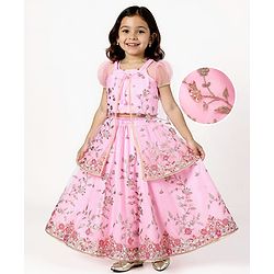 Babyhug Woven Choli Lehenga Set with Half Sleeves Jacket & Floral Embroidery - Pink