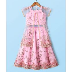 Babyhug Woven Choli Lehenga Set with Half Sleeves Jacket & Floral Embroidery - Pink
