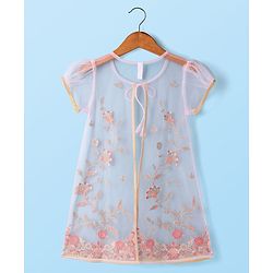 Babyhug Woven Choli Lehenga Set with Half Sleeves Jacket & Floral Embroidery - Pink