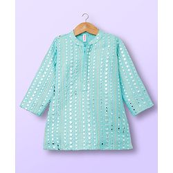 Babyhug Woven Full Sleeves Kurta Pajama Set With Embriodery - Aqua