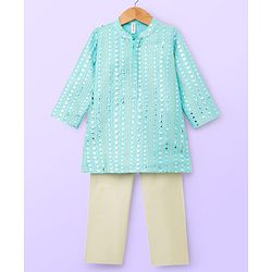 Babyhug Woven Full Sleeves Kurta Pajama Set With Embriodery - Aqua