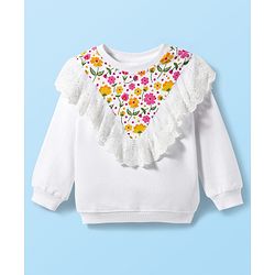 Babyhug Cotton Knit Full Sleeves Sweatshirt with Floral Print & Frill Detailing - White