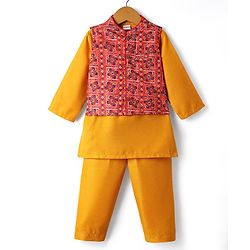Babyhug Woven Full Sleeves Kurta Pajama With Printed Jacket - Mustard