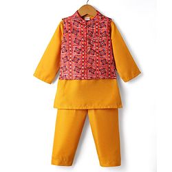 Babyhug Woven Full Sleeves Kurta Pajama With Printed Jacket - Mustard