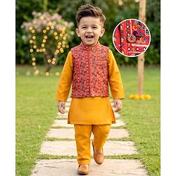 Babyhug Woven Full Sleeves Kurta Pajama With Printed Jacket - Mustard