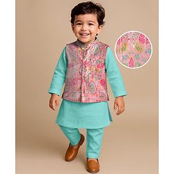Babyhug Woven Full Sleeves Kurta Pajama Set with Jacket & Embroidery - Aqua Blue