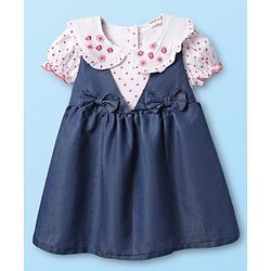 Babyhug Cotton Knit Half Sleeves Frock With Polka Dot Print & Floral Embroidery - Blue & White