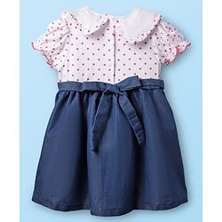 Babyhug Cotton Knit Half Sleeves Frock With Polka Dot Print & Floral Embroidery - Blue & White