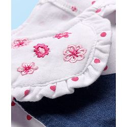 Babyhug Cotton Knit Half Sleeves Frock With Polka Dot Print & Floral Embroidery - Blue & White