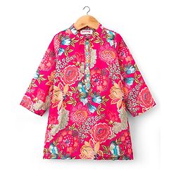 Babyhug 100% Cotton Woven Full Sleeves Floral Printed Kurta & Dhoti Set - Fuchsia & Green