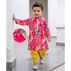 Babyhug 100% Cotton Woven Full Sleeves Floral Printed Kurta & Dhoti Set - Fuchsia & Green