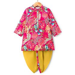 Babyhug 100% Cotton Woven Full Sleeves Floral Printed Kurta & Dhoti Set - Fuchsia & Green