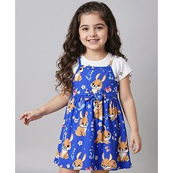 Babyhug Cotton Knit Half Sleeves Frock & T-Shirt with Animal Print & Bow Applique - Blue & White