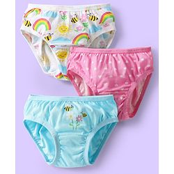 Babyhug 100% Cotton Knit Panties With Heart & Rainbow Print Pack of 3 - Pink Light Blue & White