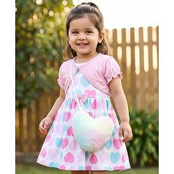 Babyhug Single Jersey Knit Half Sleeves Shrug with Frock with Heart Print Bow Applique & Sling Bag - Pink White & Light Blue
