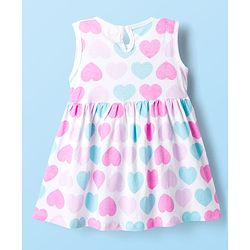 Babyhug Single Jersey Knit Half Sleeves Shrug with Frock with Heart Print Bow Applique & Sling Bag - Pink White & Light Blue