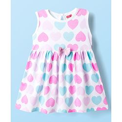 Babyhug Single Jersey Knit Half Sleeves Shrug with Frock with Heart Print Bow Applique & Sling Bag - Pink White & Light Blue