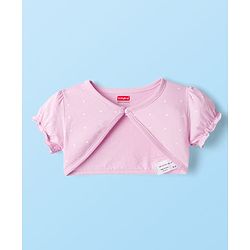 Babyhug Single Jersey Knit Half Sleeves Shrug with Frock with Heart Print Bow Applique & Sling Bag - Pink White & Light Blue