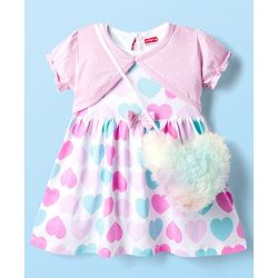 Babyhug Single Jersey Knit Half Sleeves Shrug with Frock with Heart Print Bow Applique & Sling Bag - Pink White & Light Blue